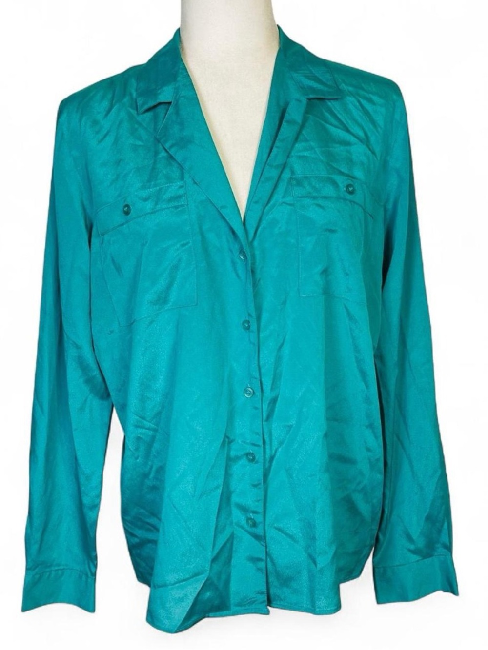 Vintage 70s 80s Alicia Size 14 Button Down Shirt Top Long Sleeve Green Blue